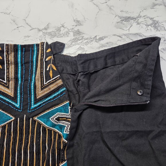 H&M Size 4 Black Teal Gold Beaded Embroidered Raw Tassel Hem Zip Mini Skirt - Picture 6 of 9